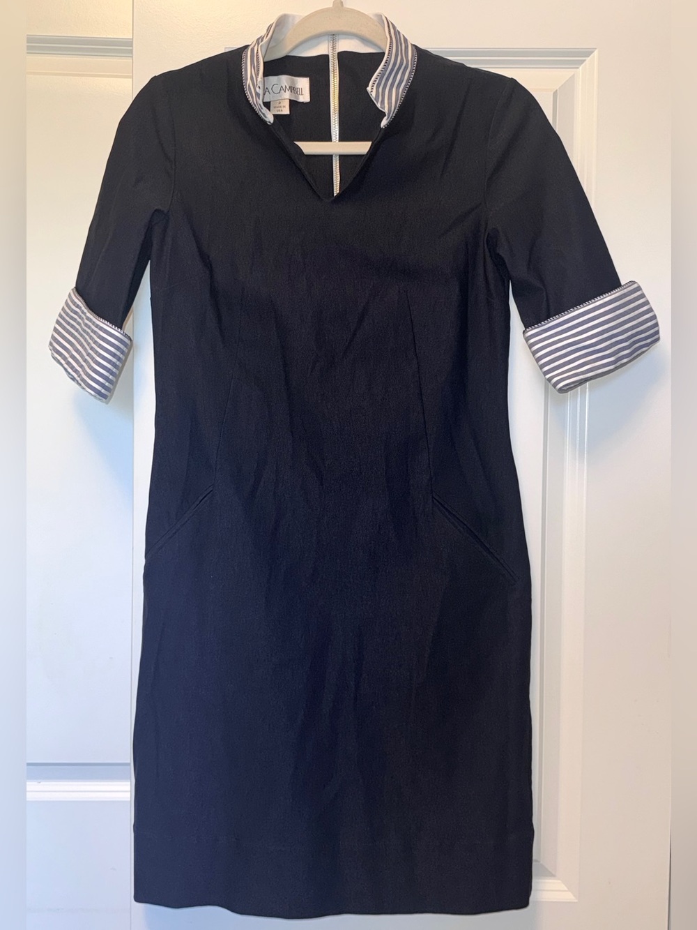 Sara Campbell Themis Dress Collar Cuff Detail Navy Stretch Sz 2